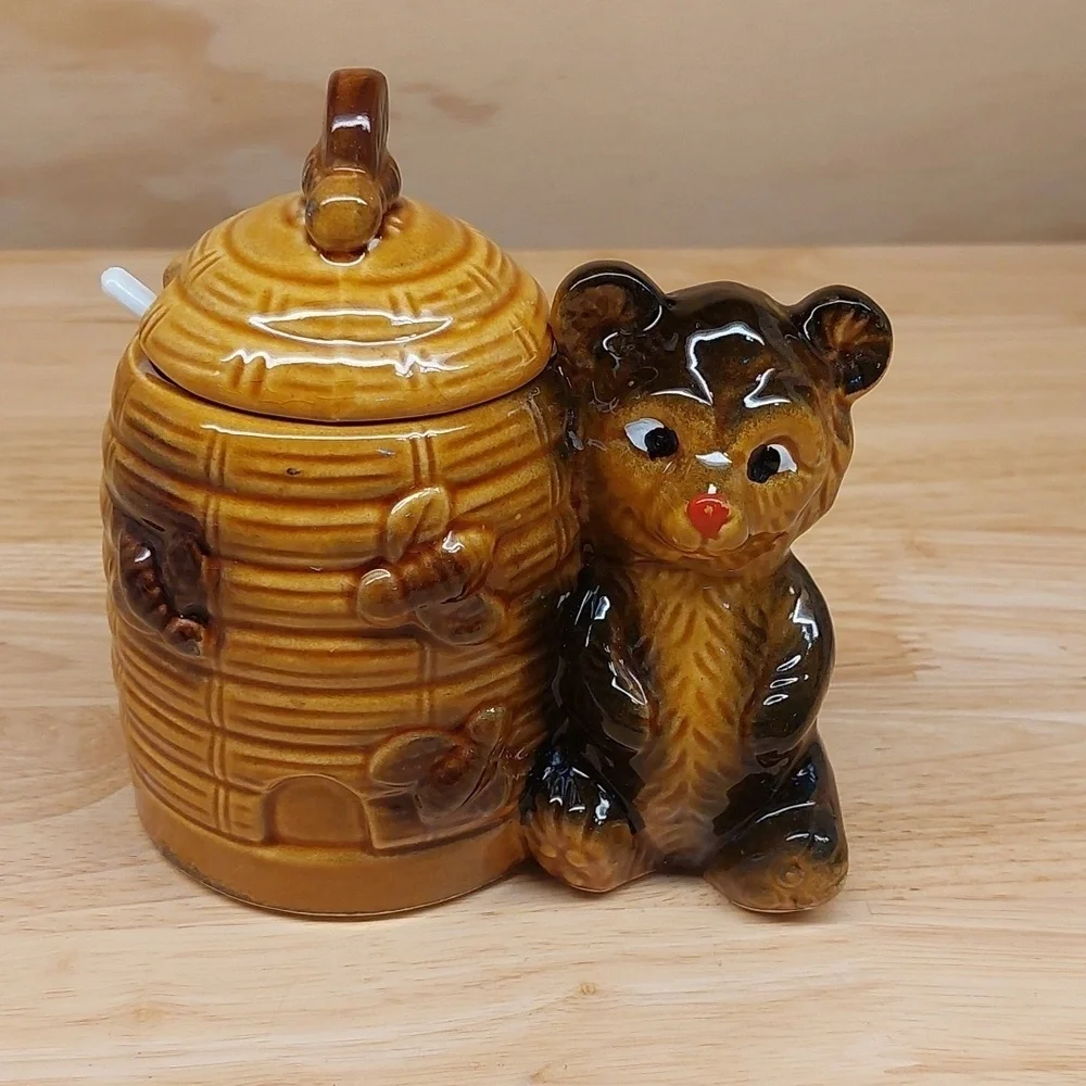 Vintage Japanese Teddy bear lidded honey🍯 jar w spoon